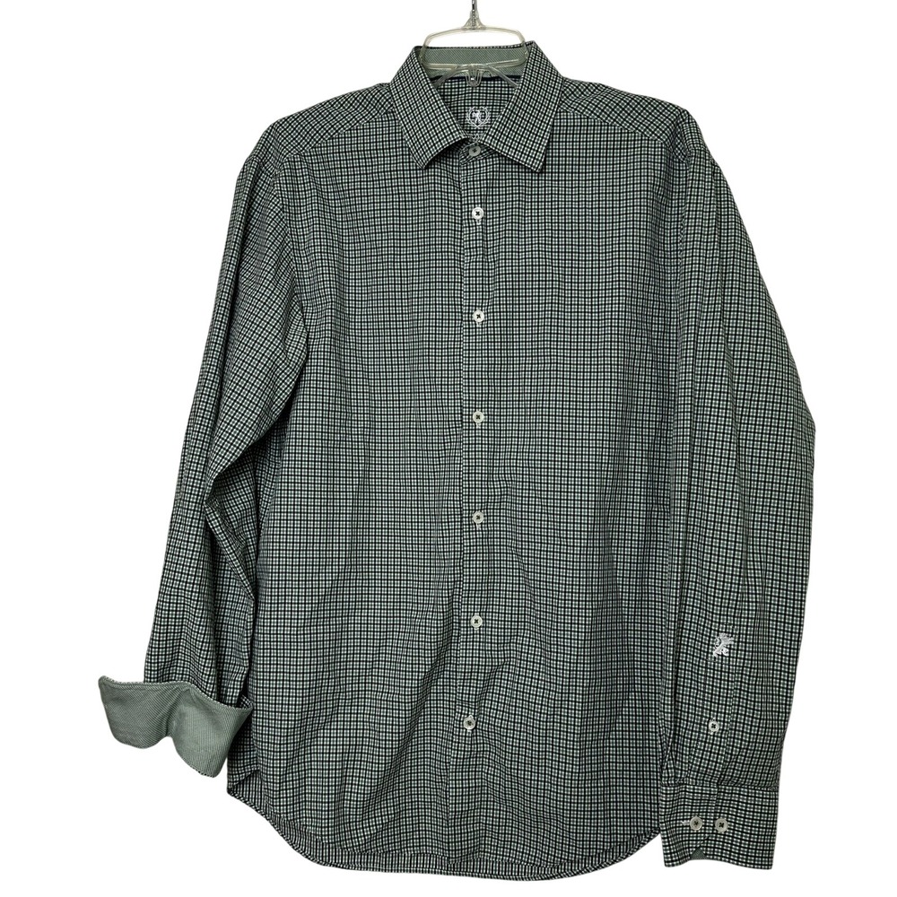 Bugatchi Uomo Mens Green Navy Gingham‎ Check Button Down Shirt 15.5 34/35 Cotton